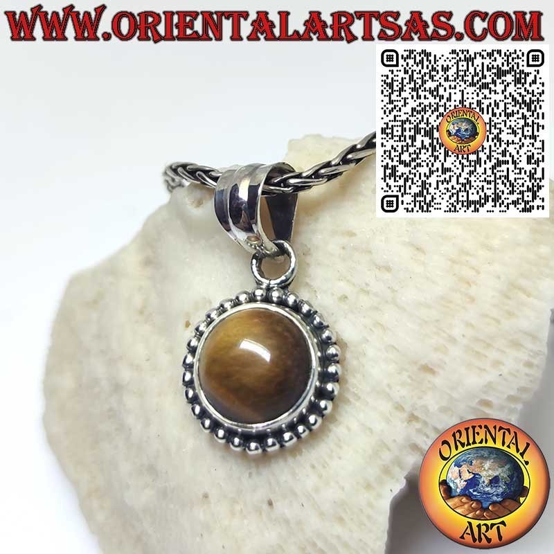 Colgante redondo de plata con ojo de tigre rodeado de esferas