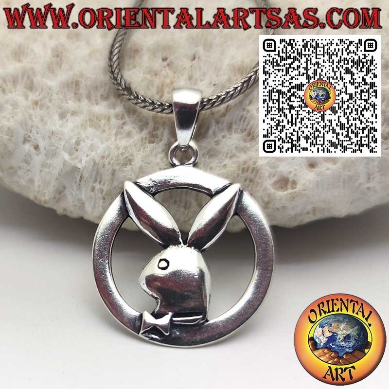Silver pendant in the shape of a "playboy" bunny in the circle