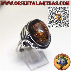 Sterling Silver Ring with Oval Baltic Amber and Leaf Details