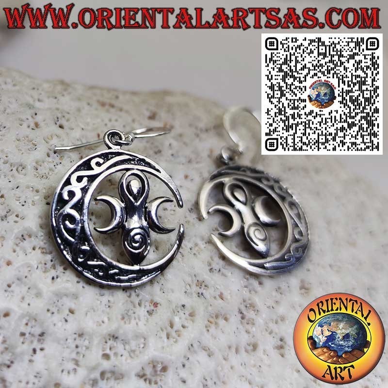 Sterling Silver Earrings with Wiccan Mother Earth Goddess in Celtic Moon