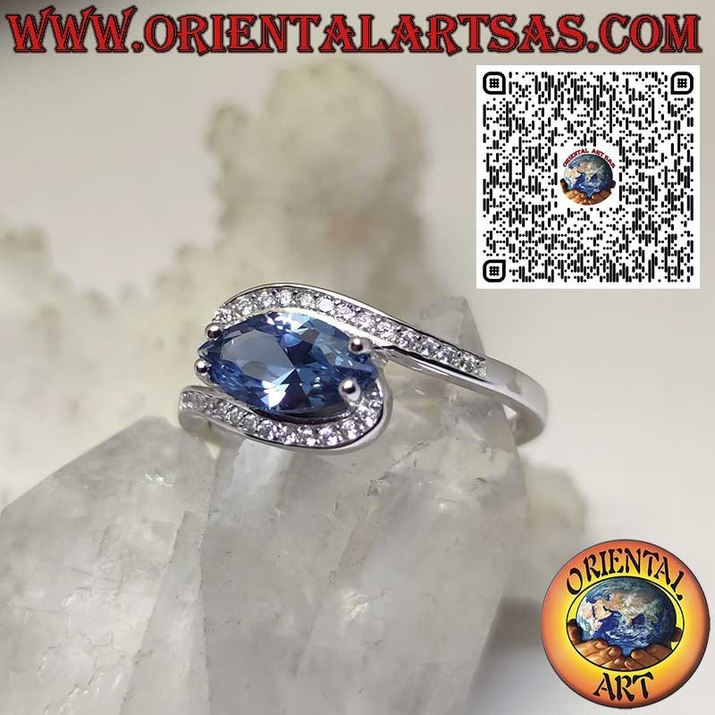 Bague en Argent 925 avec Topaze Bleue de Londres Navette et Oxydes de Zirconium – Élégance Raffinée