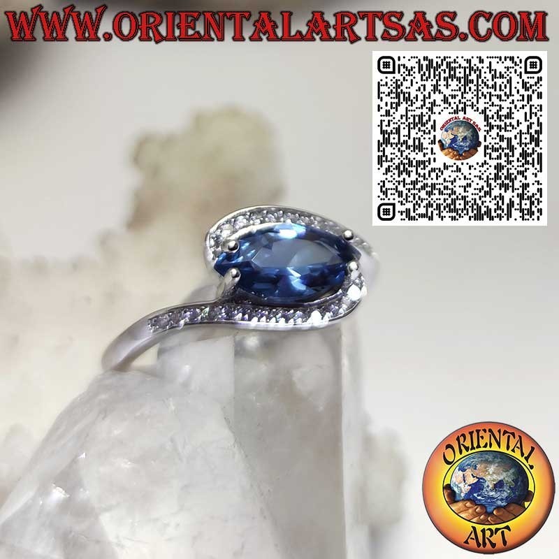 Bague en Argent 925 avec Topaze Bleue de Londres Navette et Oxydes de Zirconium – Élégance Raffinée