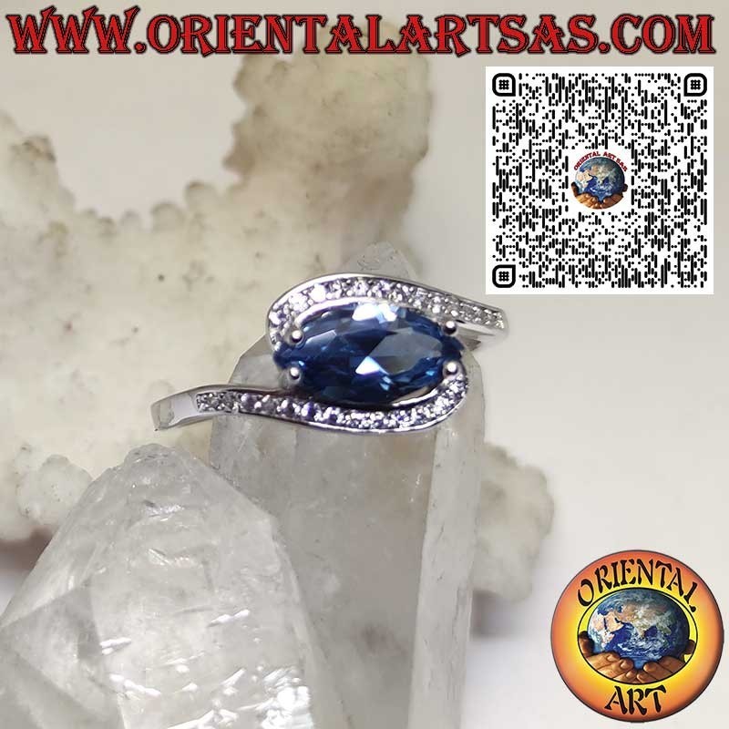 Bague en Argent 925 avec Topaze Bleue de Londres Navette et Oxydes de Zirconium – Élégance Raffinée