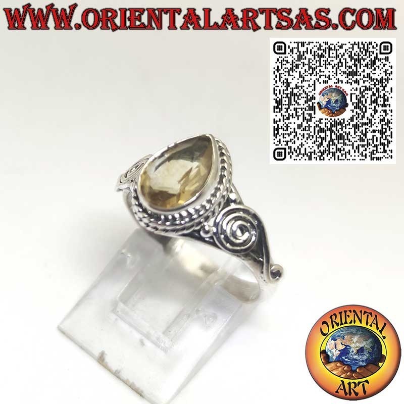 Anillo de plata 925 con topacio amarillo natural en forma de gota y espirales laterales