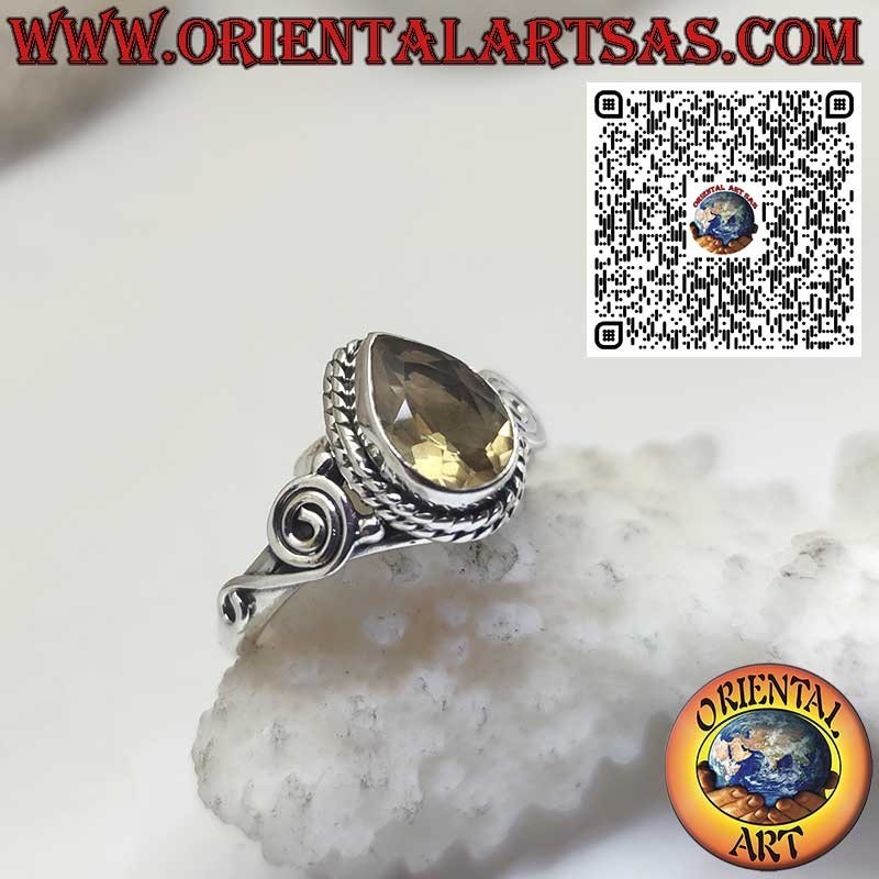 Anillo de plata 925 con topacio amarillo natural en forma de gota y espirales laterales