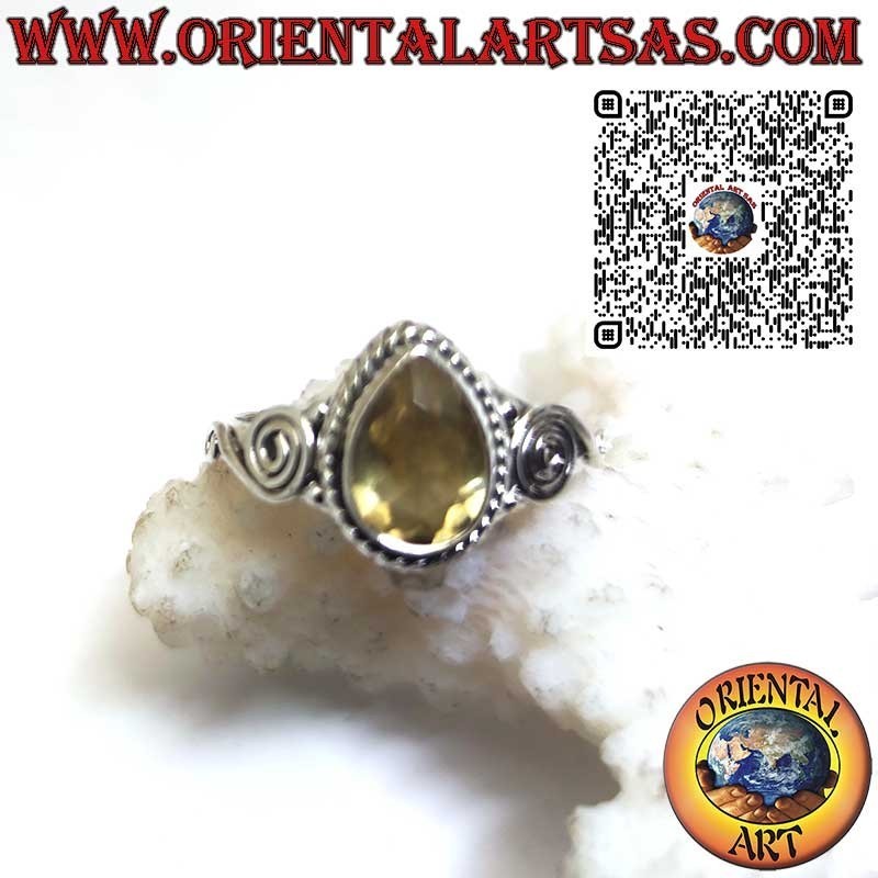 Sterling Silver Ring with Natural Yellow Topaz Pear Cut and Side Spiral Design