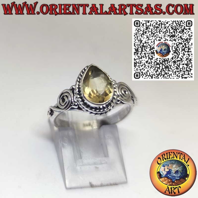 Sterling Silver Ring with Natural Yellow Topaz Pear Cut and Side Spiral Design