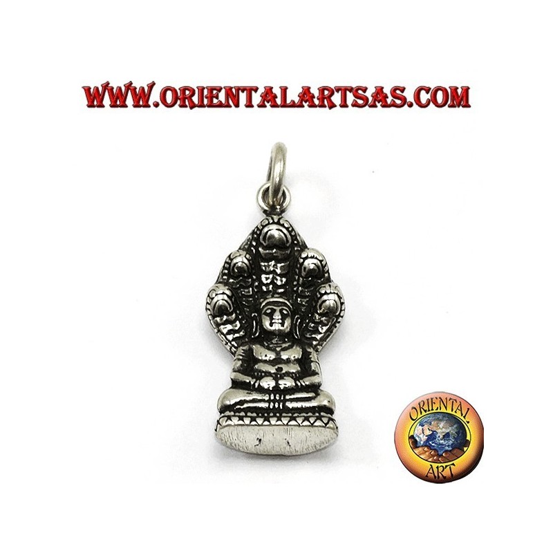 Ciondolo in argento Buddha nella posizione del Dhyana Mudra protetto dal cobra