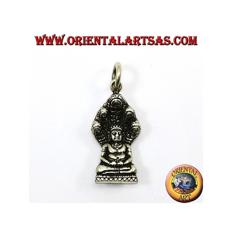 Buddha silver pendant in the position of Dhyana Mudra protected by the cobra