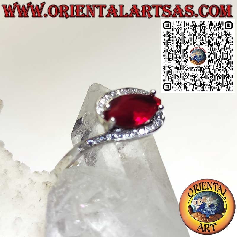 Anello in argento 925 con Granato navetta e Zirconi – Gioiello elegante fatto a mano