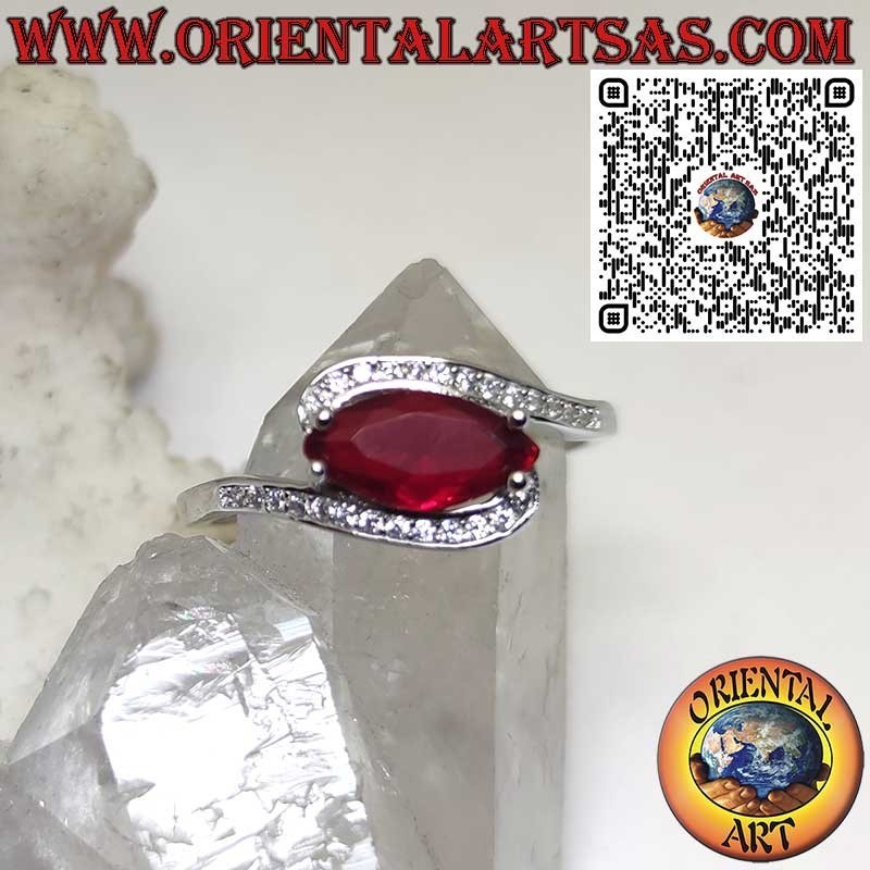 Bague en argent 925 avec Grenat navette et Oxydes de zirconium – Bijou élégant fait main