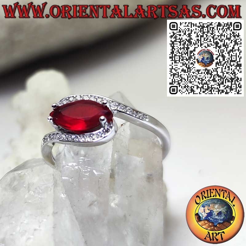 925 Sterling Silver Ring with Marquise Garnet and Zirconia – Elegant Handmade Jewelry