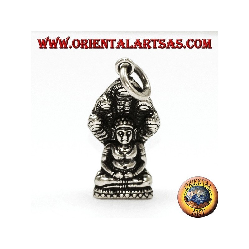 Buddha silver pendant in the position of Dhyana Mudra protected by the cobra