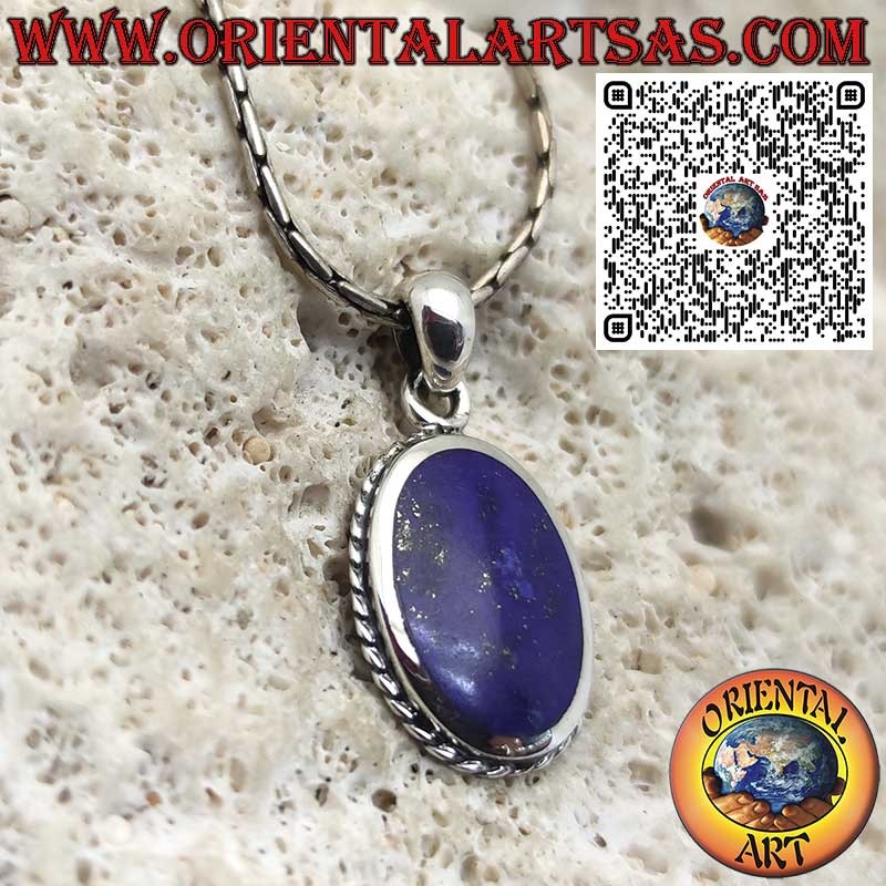 Pendentif en argent 925 avec lapis-lazuli ovale naturel encadré d’une tresse