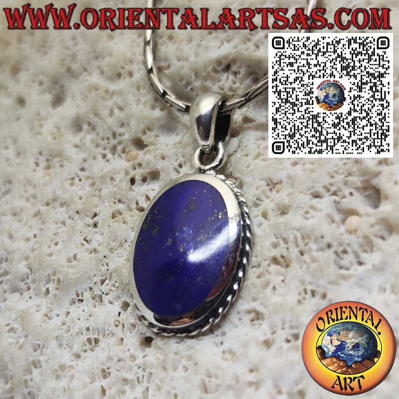 Pendentif en argent 925 avec lapis-lazuli ovale naturel encadré d’une tresse