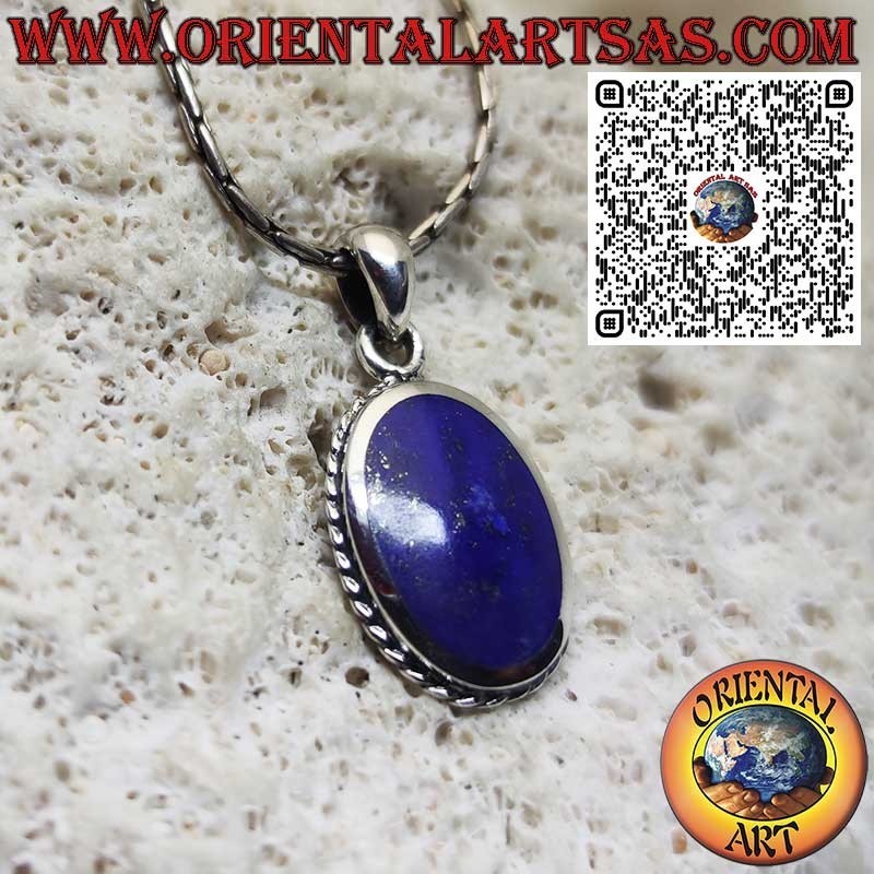 Sterling Silver Pendant with Natural Oval Lapis Lazuli framed by a Braid