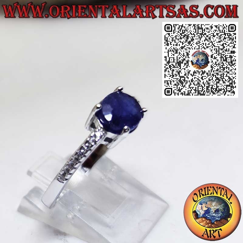925 Sterling Silver Ring with Natural Oval Sapphire Set Sideways and Side Zircons