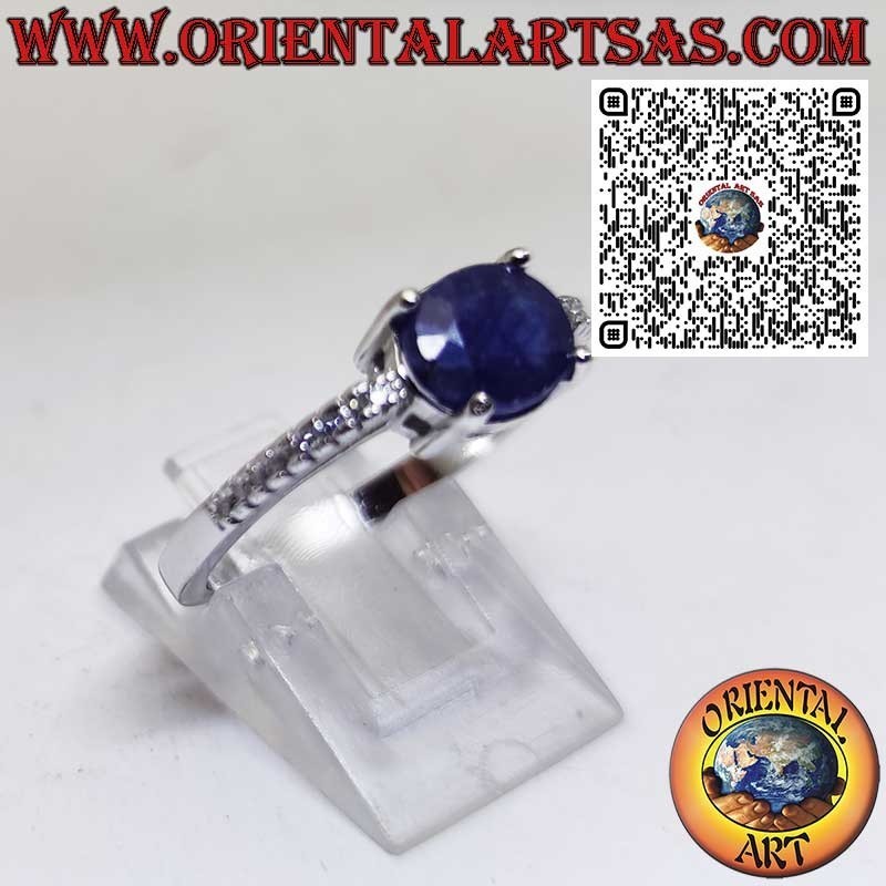 925 Sterling Silver Ring with Natural Oval Sapphire Set Sideways and Side Zircons