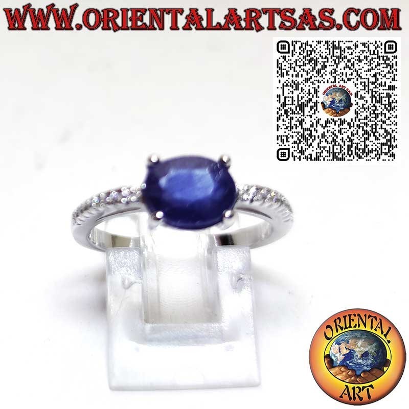925 Sterling Silver Ring with Natural Oval Sapphire Set Sideways and Side Zircons