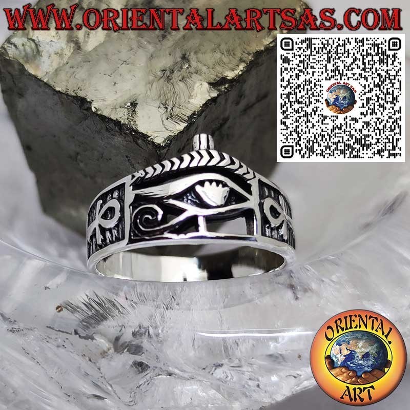 925er Silberring mit Horusauge und Ankh an beiden Seiten – Ägyptisches Symbol für Schutz und Leben