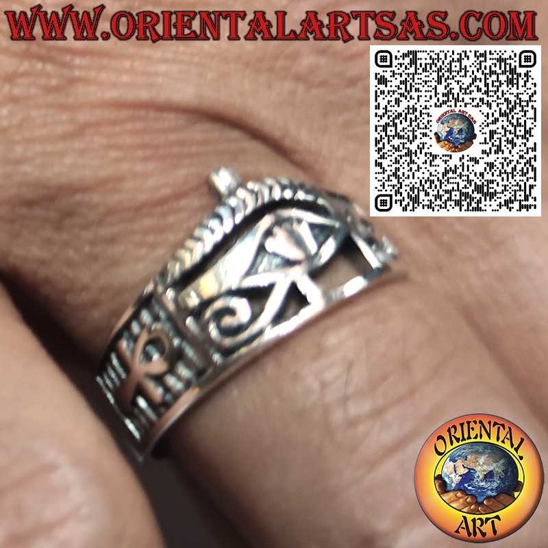 925er Silberring mit Horusauge und Ankh an beiden Seiten – Ägyptisches Symbol für Schutz und Leben