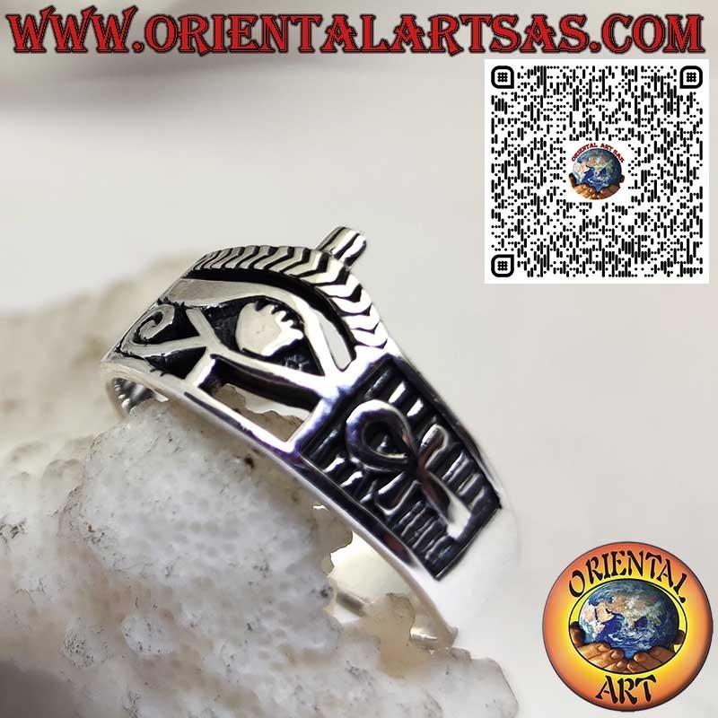 Anello in Argento 925 Occhio di Horus con Ankh sui Lati – Simbolo Egizio di Protezione e Vita