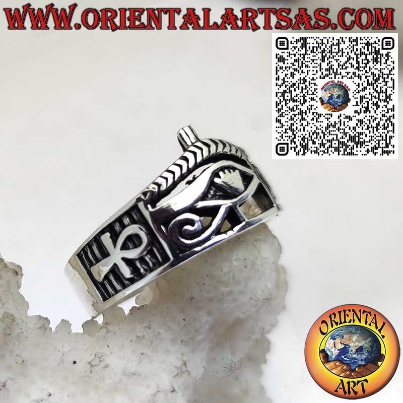 Anillo de Plata 925 con Ojo de Horus y Ankh en Ambos Lados – Símbolo Egipcio de Protección y Vida
