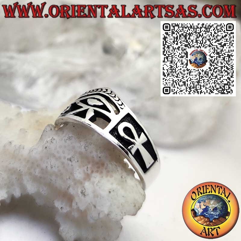 Anello Egizio in Argento 925 con Occhio di Horus e Croce Ankh – Amuleto di Protezione e Vita