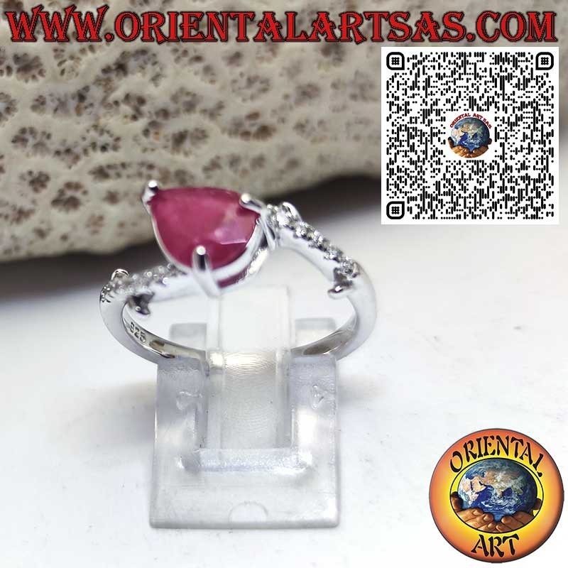 Bague en Argent 925 avec Rubis Naturel Poire et Zircons Asymétriques