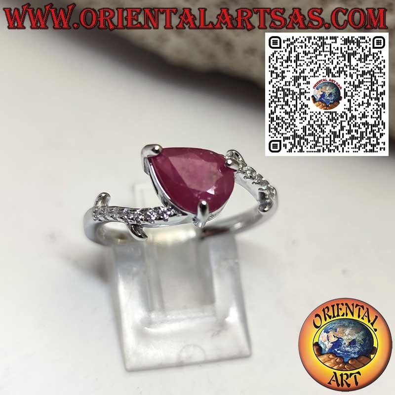 Silber 925 Ring mit natürlichem Tropfen-Rubin und asymmetrischen Zirkonia