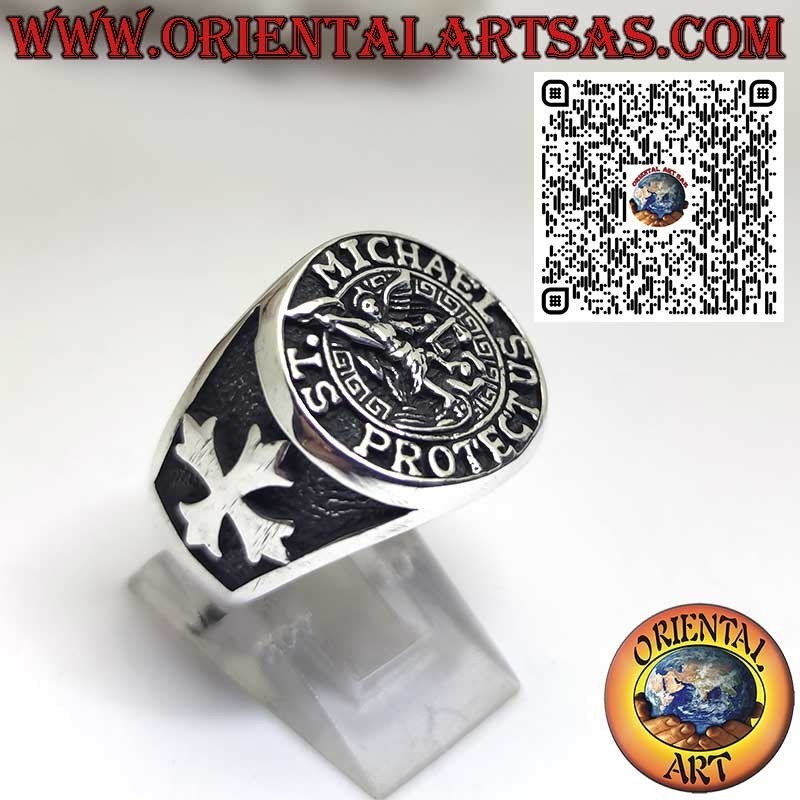 Bague chevalière en Argent 925 avec Saint Michel Archange et croix latérales