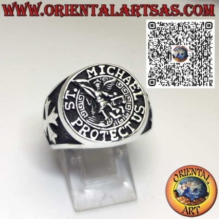 Anello sigillo in Argento 925 con San Michele Arcangelo e croci laterali