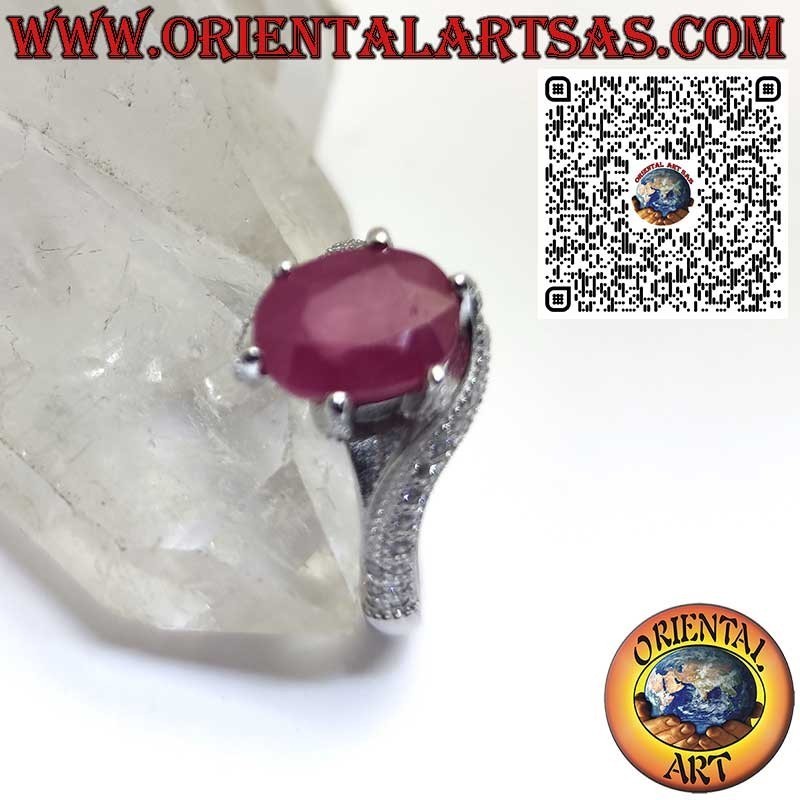 Sterling Silver Ring with Natural Oval Ruby and Asymmetrical Six-Prong Setting with Zircon Accents