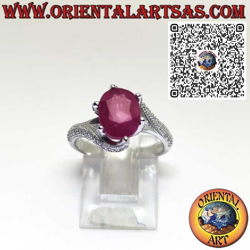 Sterling Silver Ring with Natural Oval Ruby and Asymmetrical Six-Prong Setting with Zircon Accents