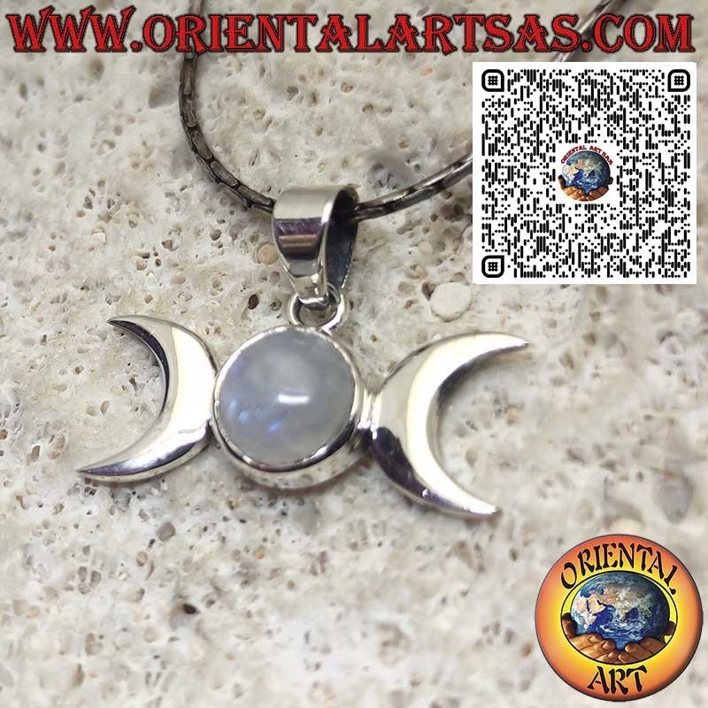Pendentif en Argent 925 Triple Déesse Wicca avec Pierre de Lune Arc-en-Ciel Naturelle