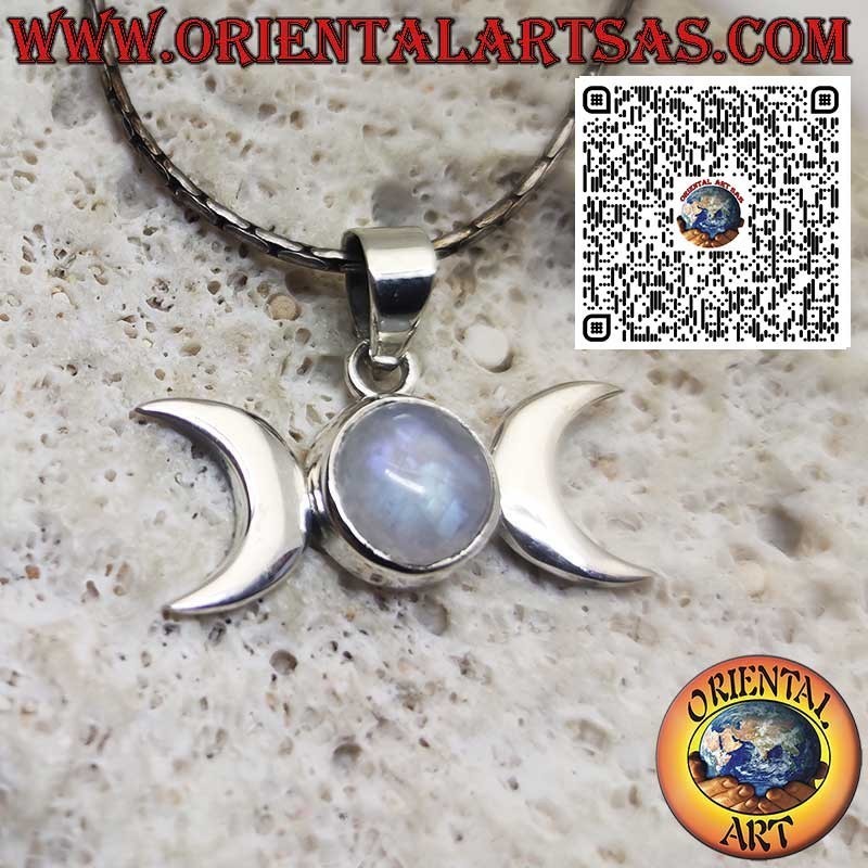 Pendentif en Argent 925 Triple Déesse Wicca avec Pierre de Lune Arc-en-Ciel Naturelle