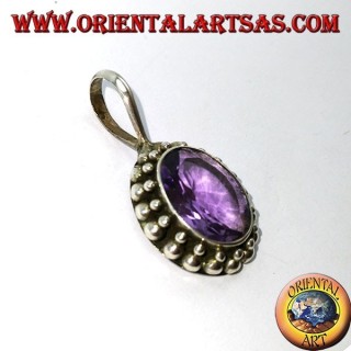 Silver pendant, oval natural Amethyst with ball edging