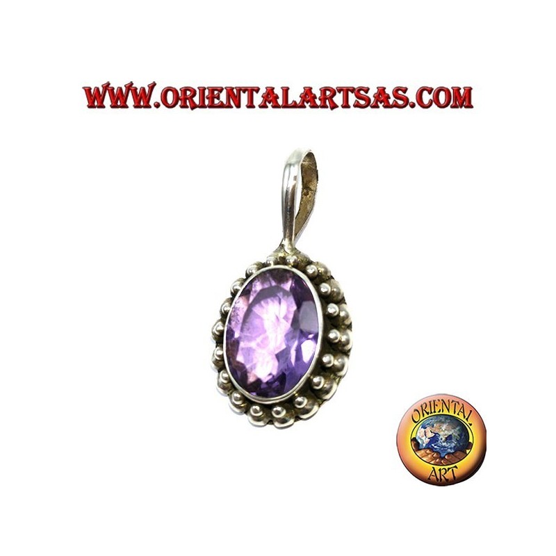 Silver pendant, oval natural Amethyst with ball edging