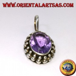 Silver pendant, oval natural Amethyst with ball edging