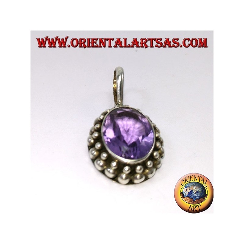 Silver pendant, oval natural Amethyst with ball edging