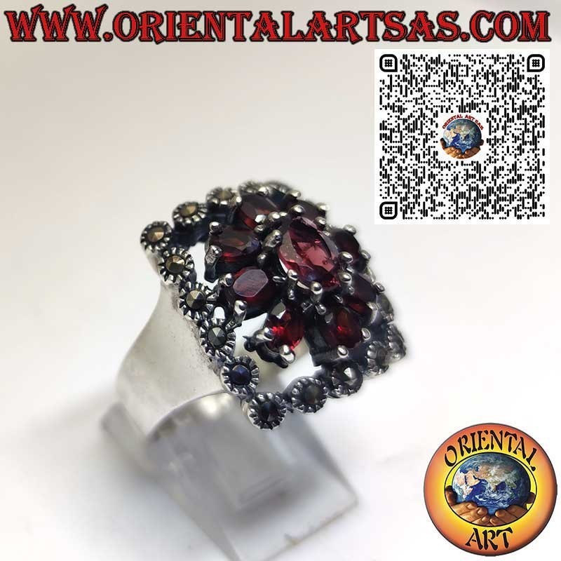 Anillo Plata 925 con Granate Central, Granates y Marcassitas – Estilo Vintage
