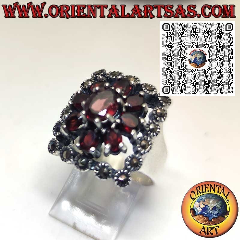 Bague Argent 925 avec Grenat Central, Grenats et Marcassites – Style Vintage