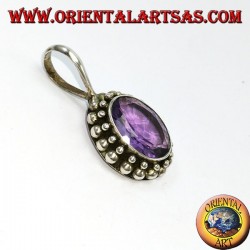 Silver pendant, oval natural Amethyst with ball edging