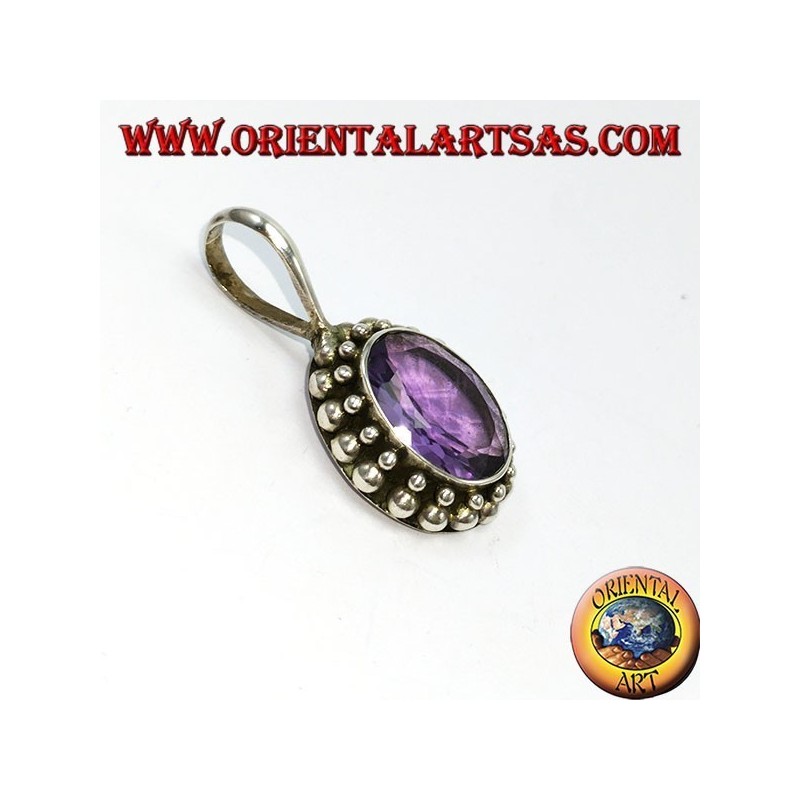 Pendentif en argent, améthyste naturelle ovale avec bordure de boule