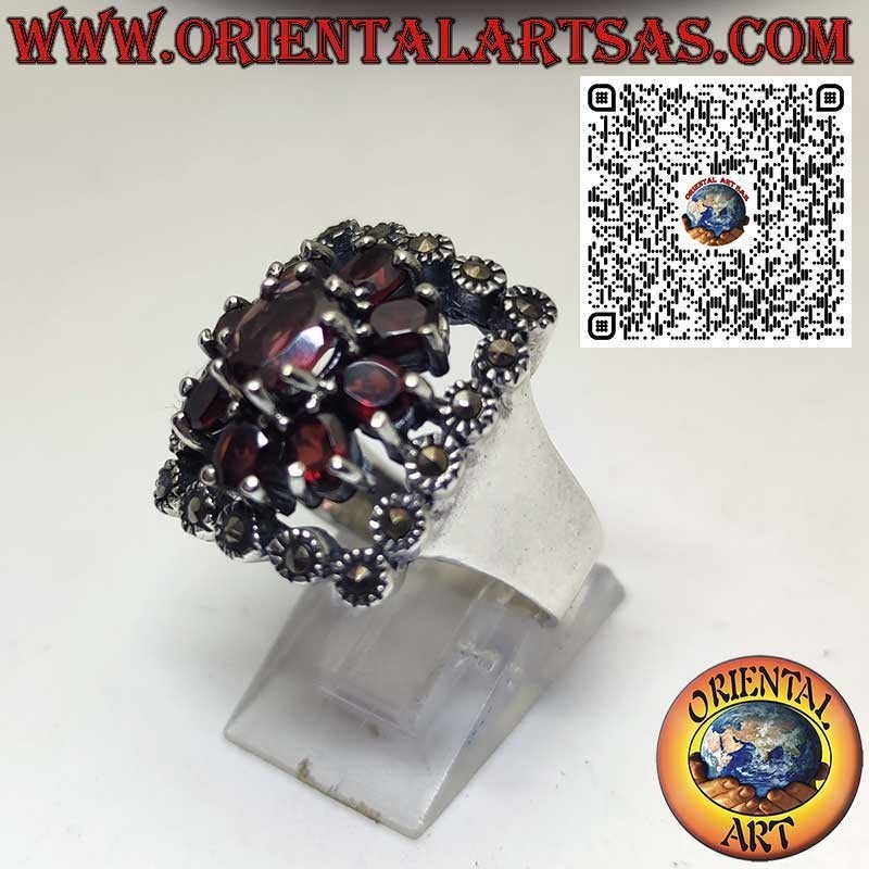 Bague Argent 925 avec Grenat Central, Grenats et Marcassites – Style Vintage