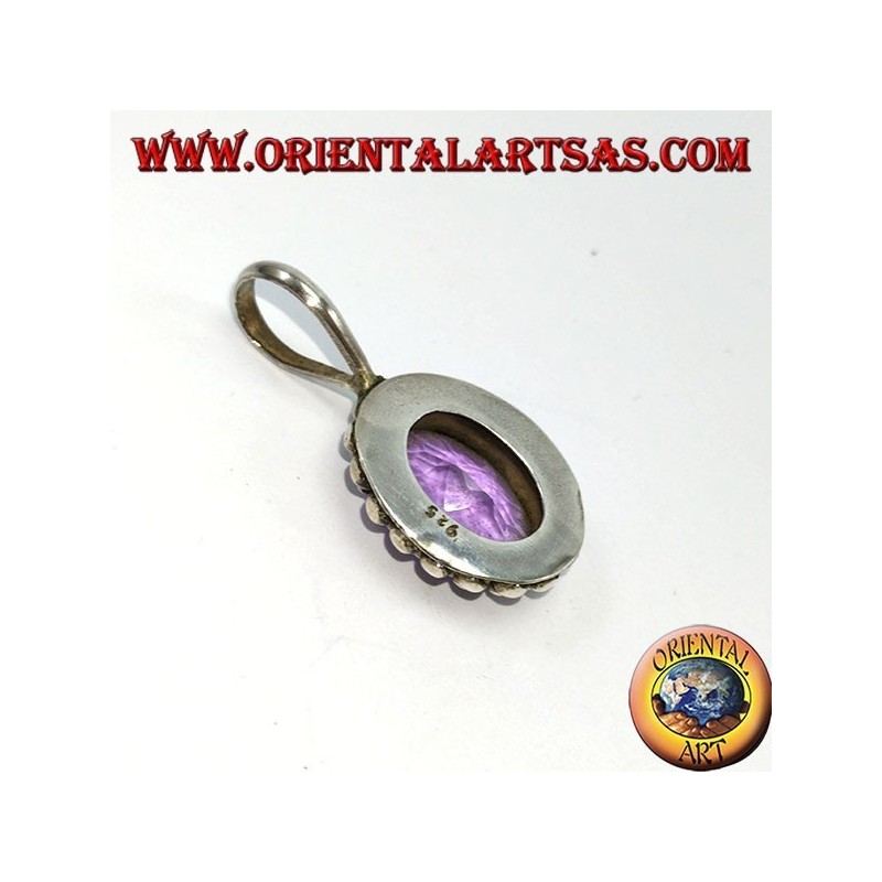 Silver pendant, oval natural Amethyst with ball edging