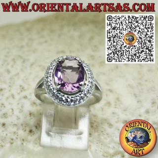 Bague de luxe en argent 925‰ avec superbe améthyste naturelle ovale et double couronne de zirconias étincelants