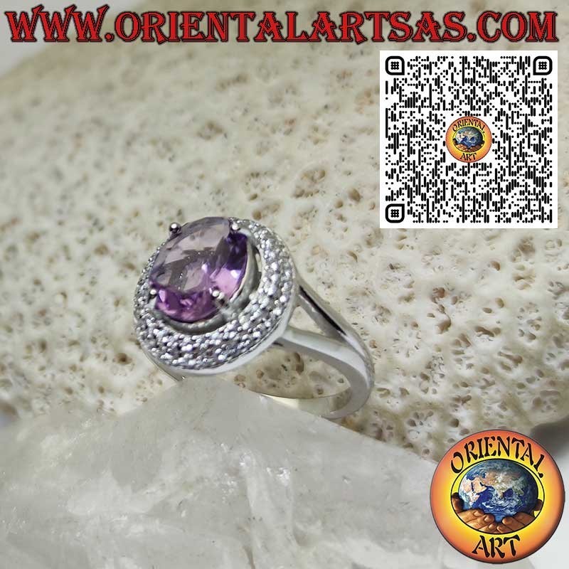 Anello in Argento 925‰ con ametista ovale naturale e doppia fila di zirconi