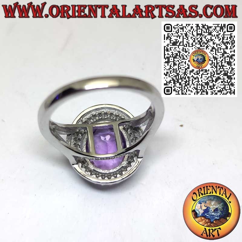 Anello in Argento 925‰ con ametista ovale naturale e doppia fila di zirconi