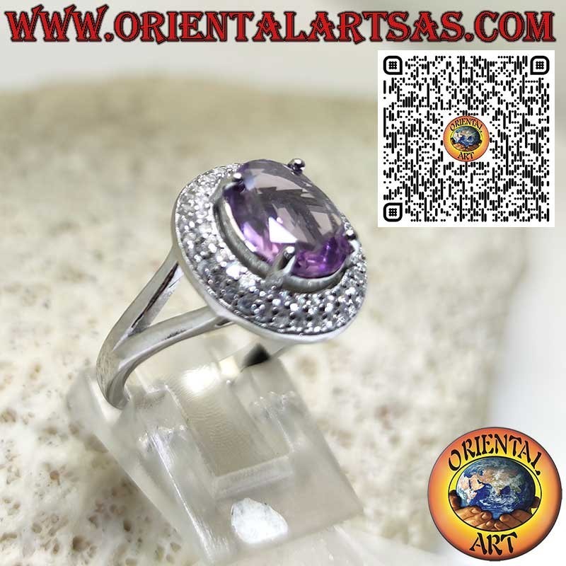 Ring aus 925er Silber mit natürlicher ovaler Amethyst und doppelter Reihe runder Zirkonia